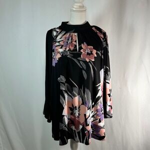 EST. 1946 Floral Mock‎ Neck Keyhole Blouse Black Mauve Plus Size 18/20W NWT